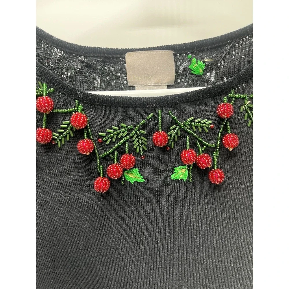 VTG Berek 3D Red Green Beaded Holly Berries Knit Flare Sleeve Sweater Size Large